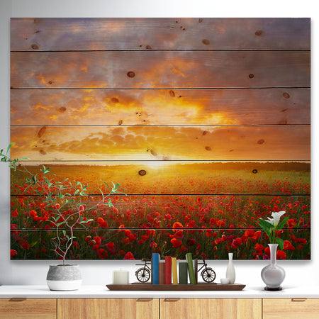 Poppy Field under Bright Sunset - Landscape Print on Natural Pine Wood