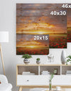 Poppy Field under Bright Sunset - Landscape Print on Natural Pine Wood