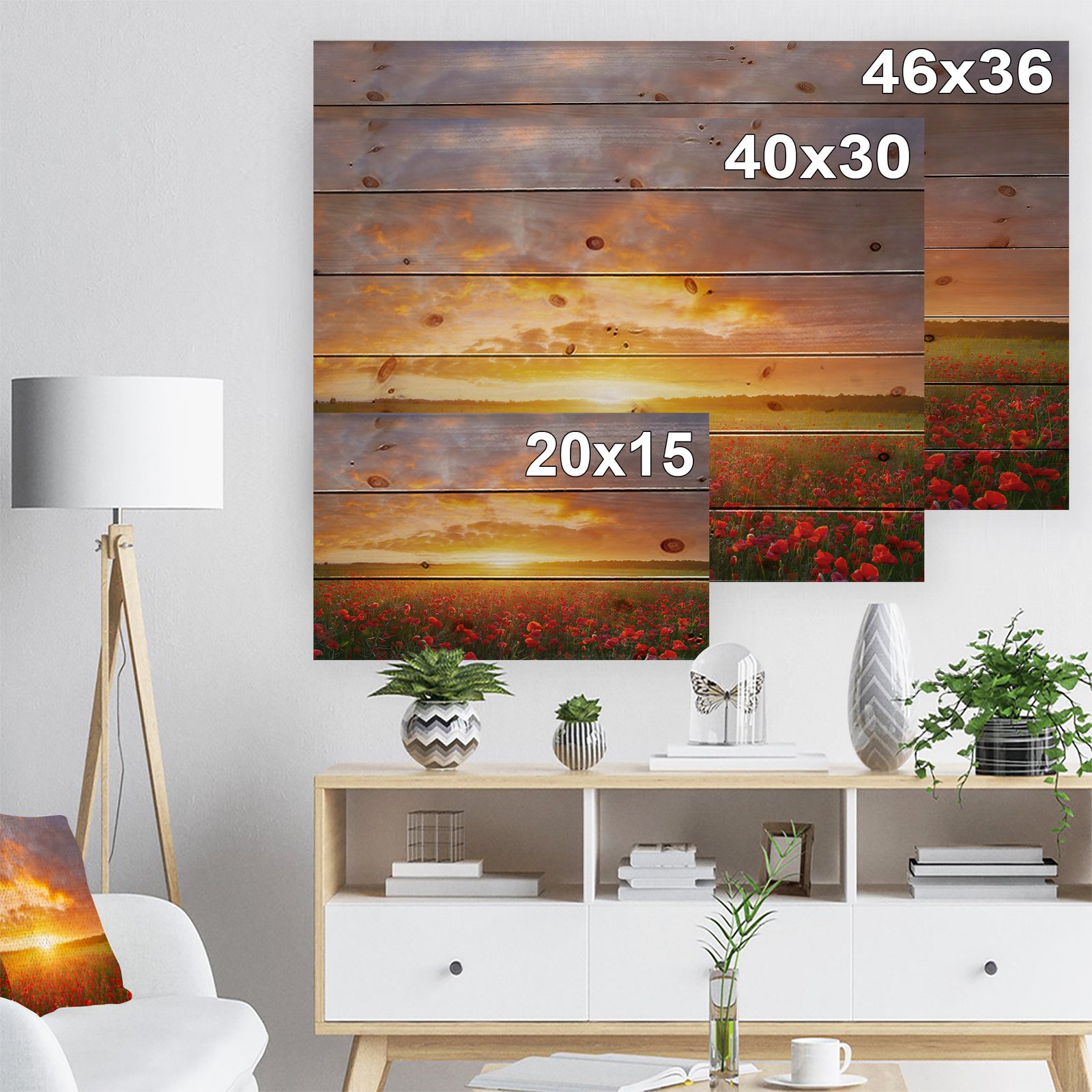 Poppy Field under Bright Sunset - Landscape Print on Natural Pine Wood