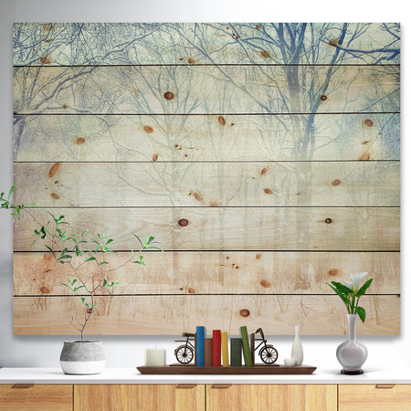 Winter with Foggy Forest - Landscape Print on Natural Pine Wood
