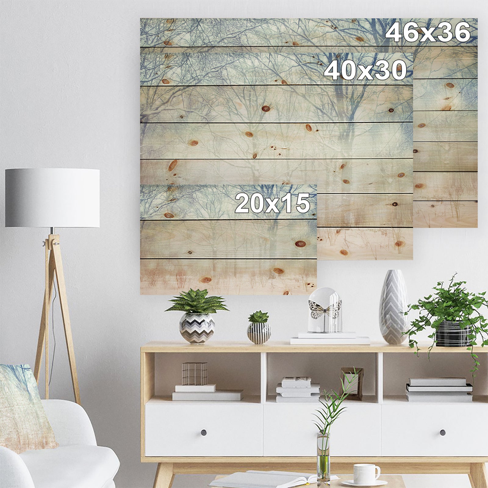 Winter with Foggy Forest - Landscape Print on Natural Pine Wood