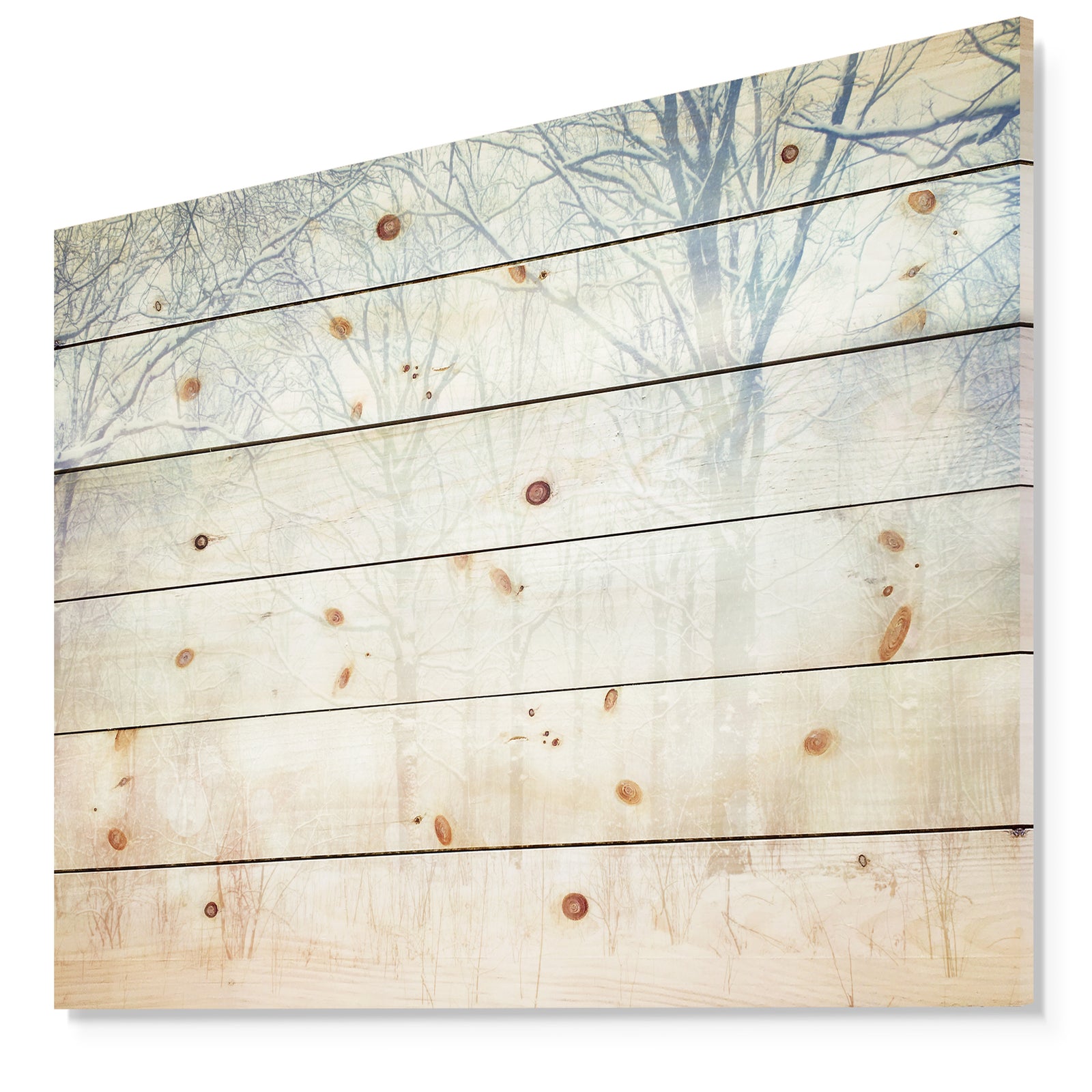 Winter with Foggy Forest - Landscape Print on Natural Pine Wood