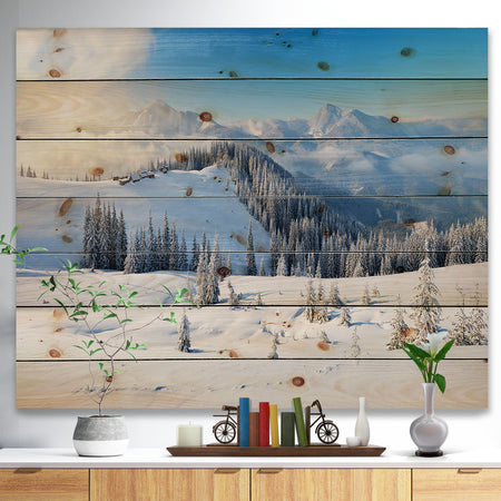 Sunny Morning in Mountains - Landscape Print on Natural Pine Wood