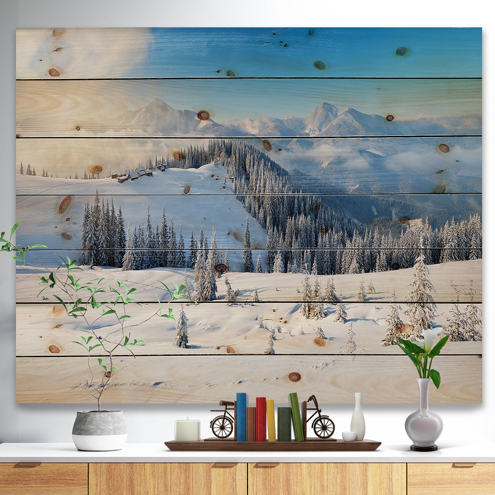 Sunny Morning in Mountains - Landscape Print on Natural Pine Wood