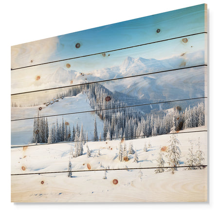Sunny Morning in Mountains - Landscape Print on Natural Pine Wood