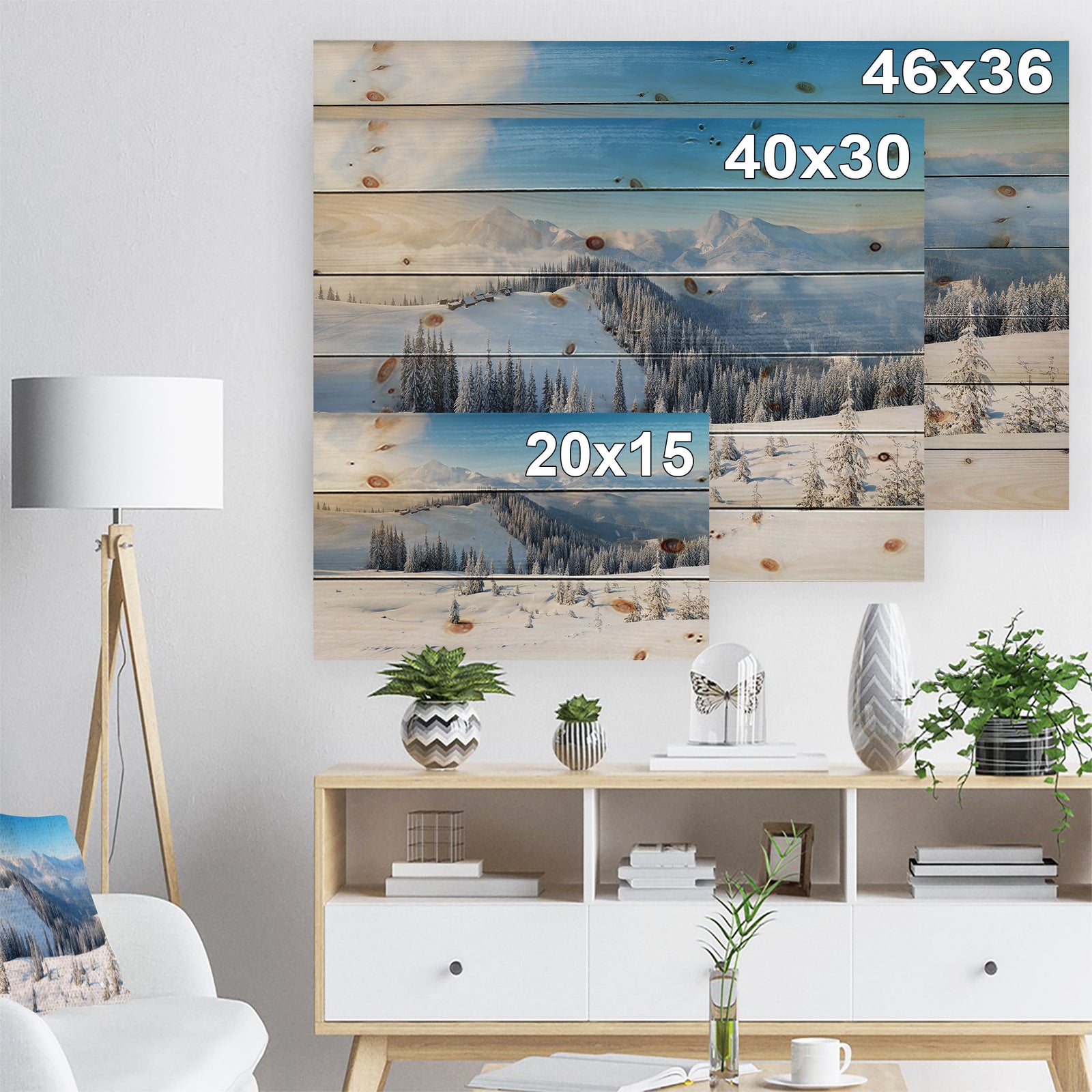 Sunny Morning in Mountains - Landscape Print on Natural Pine Wood