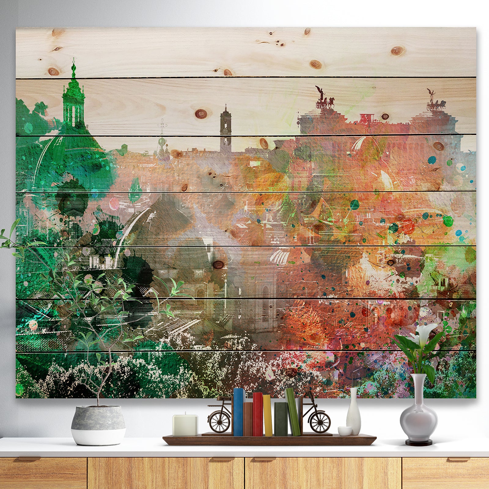 Colorful City Watercolor - Landscape Print on Natural Pine Wood