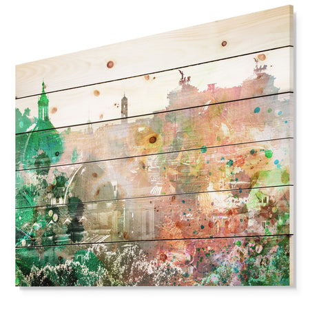 Colorful City Watercolor - Landscape Print on Natural Pine Wood