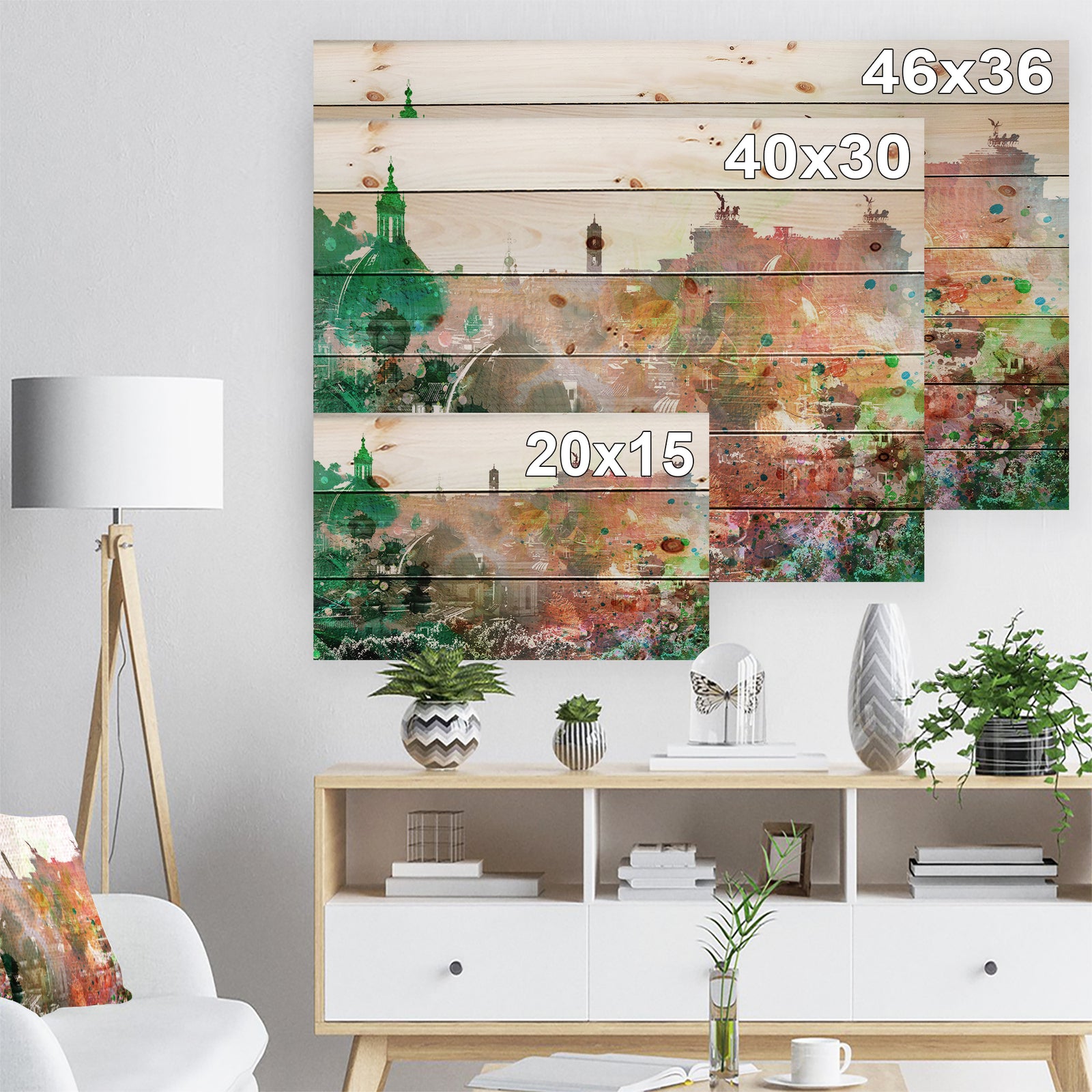 Colorful City Watercolor - Landscape Print on Natural Pine Wood