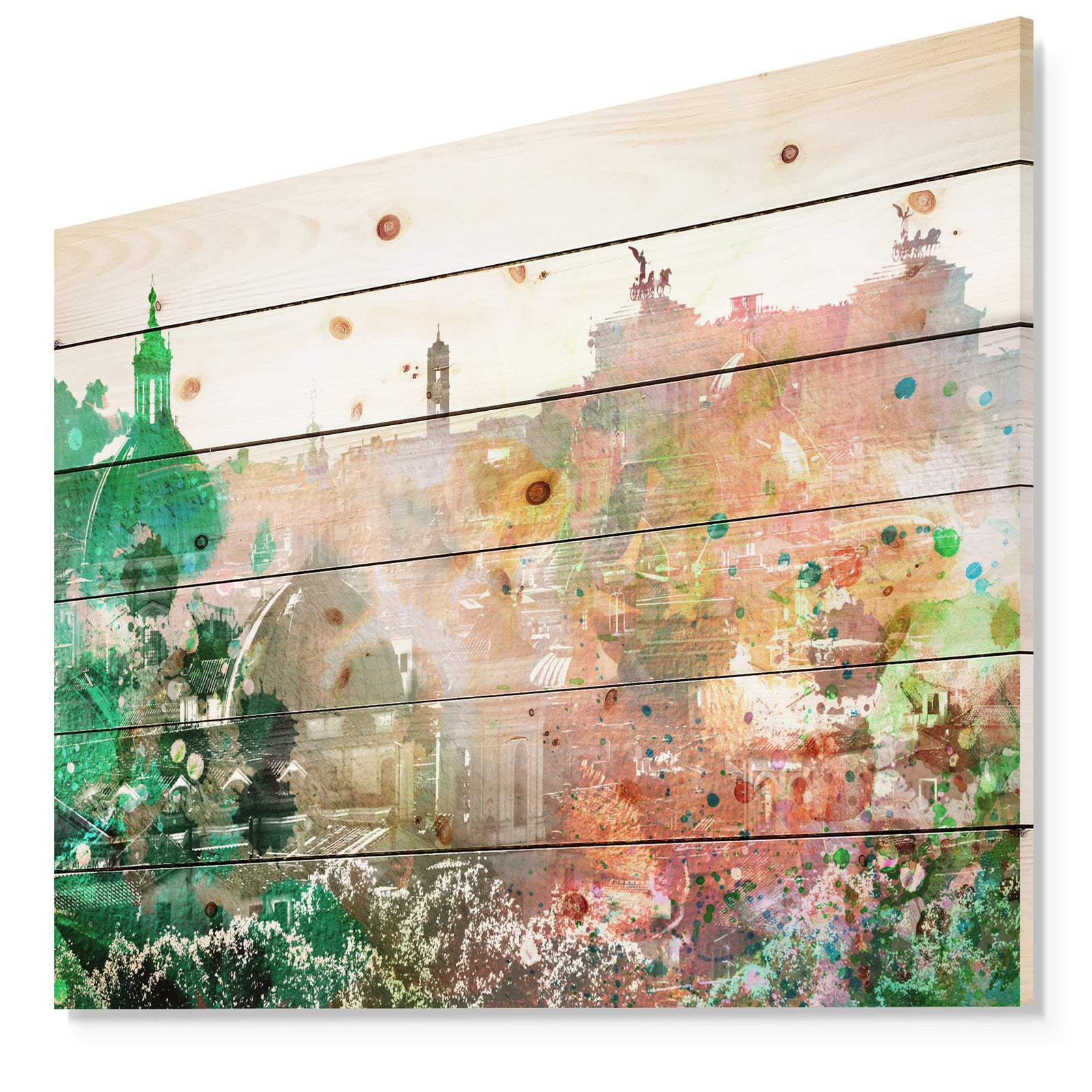 Colorful City Watercolor - Landscape Print on Natural Pine Wood