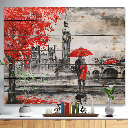 Couples Walking in London - Landscape Print on Natural Pine Wood