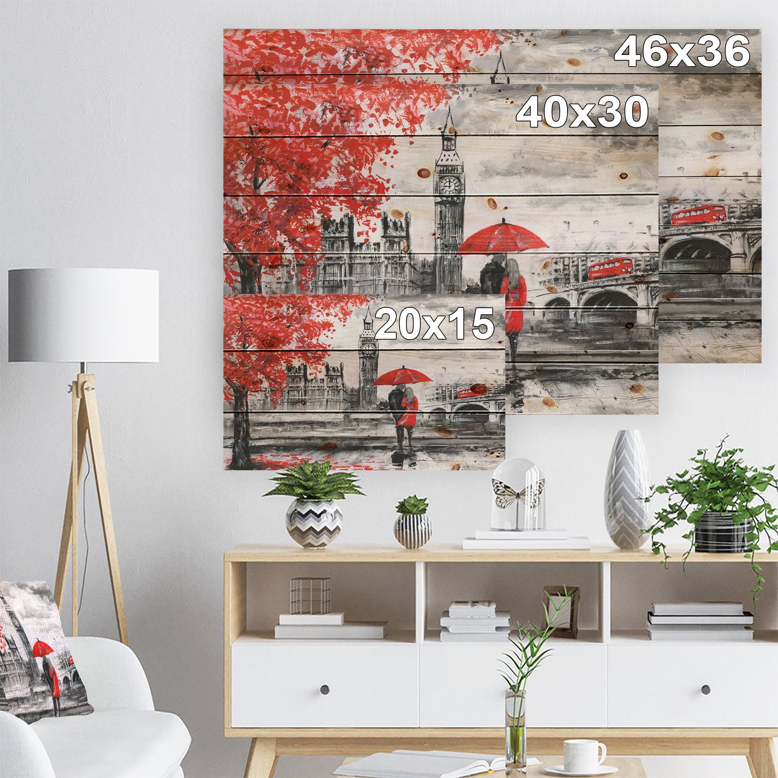 Couples Walking in London - Landscape Print on Natural Pine Wood