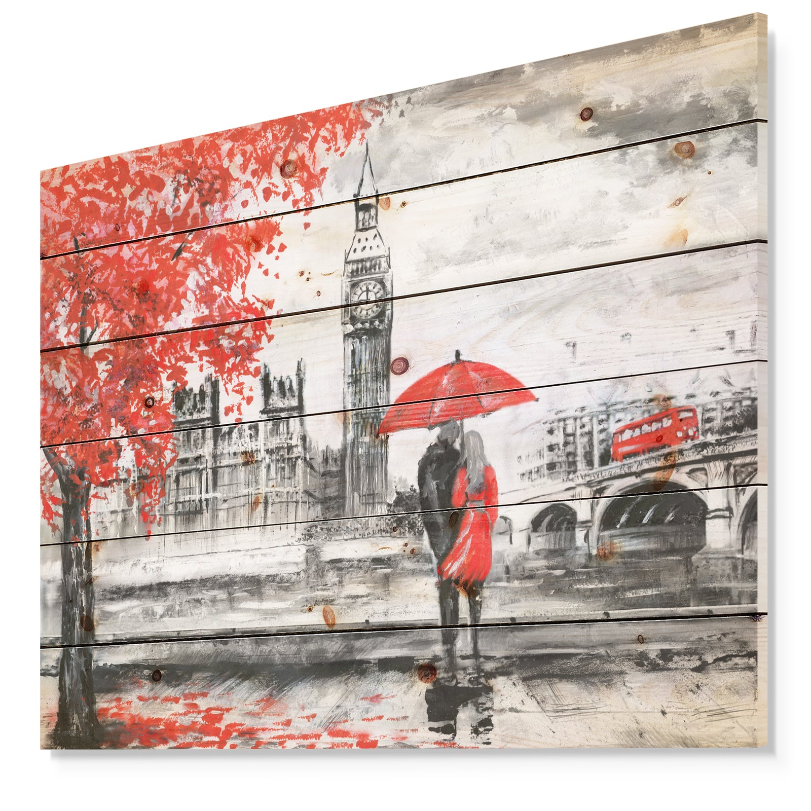 Couples Walking in London - Landscape Print on Natural Pine Wood