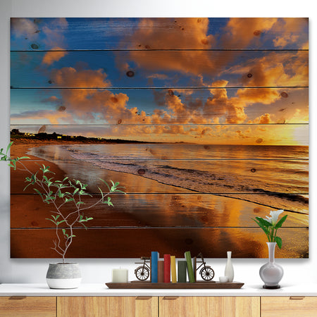 Colorful Sunset on the Beach - Landscape Print on Natural Pine Wood