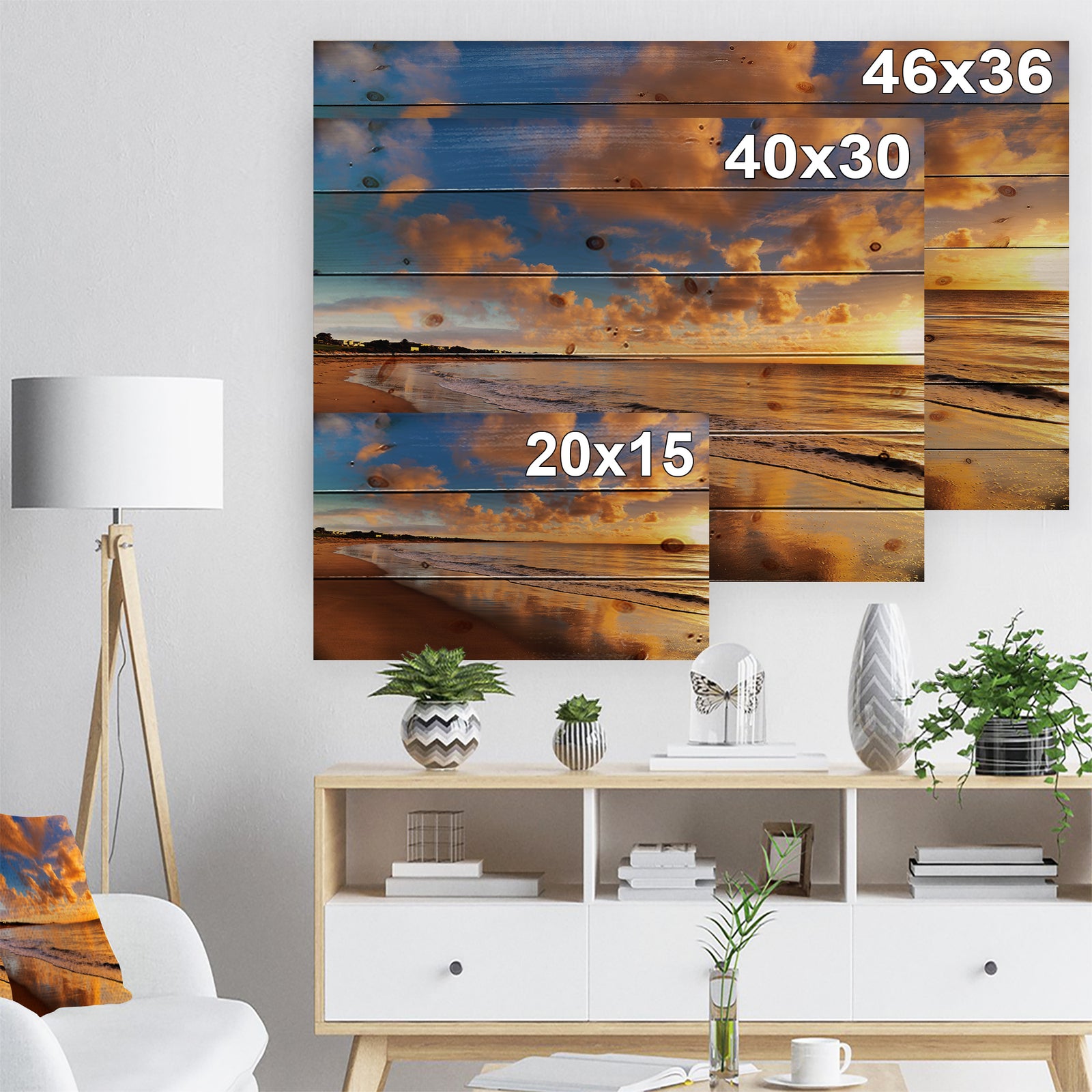 Colorful Sunset on the Beach - Landscape Print on Natural Pine Wood