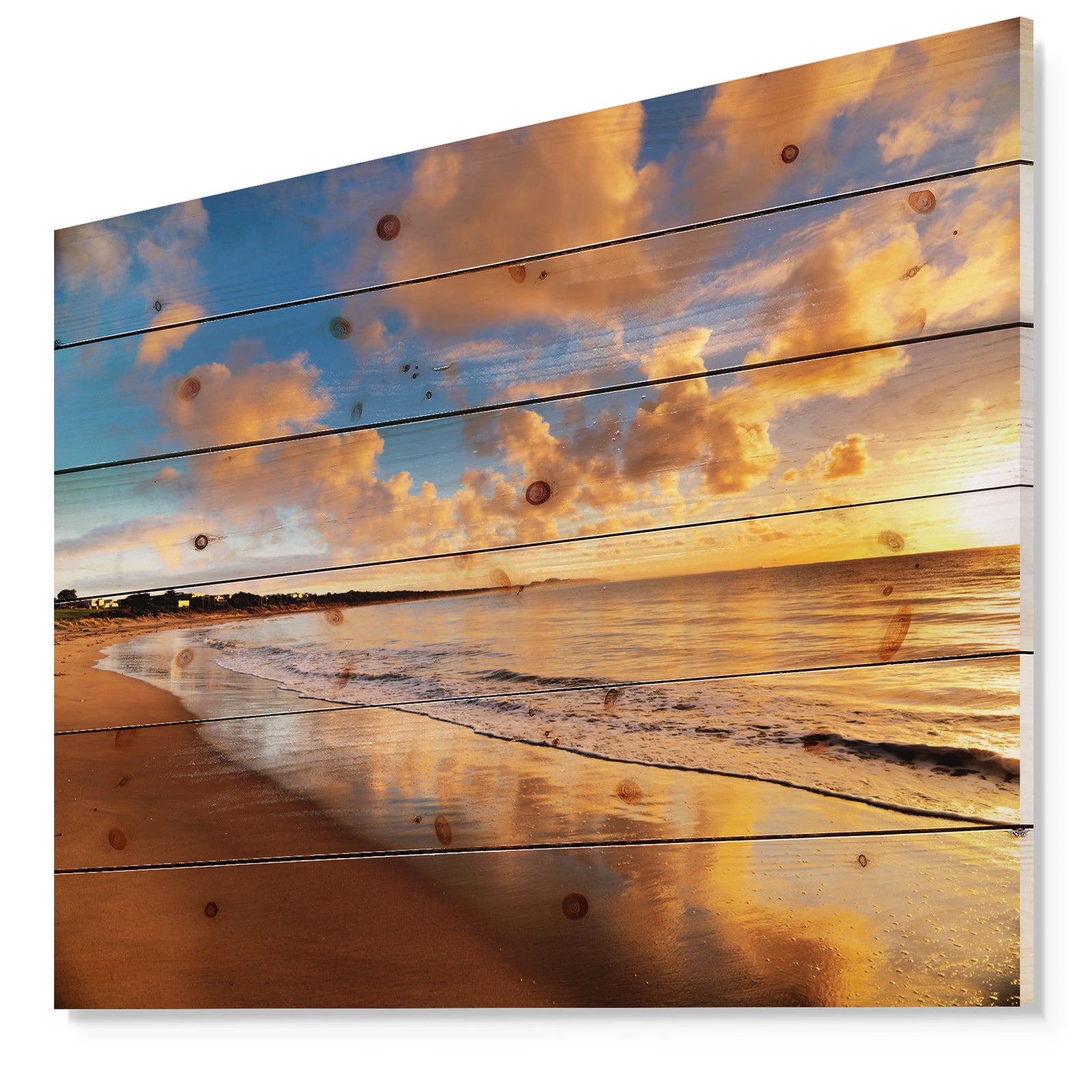 Colorful Sunset on the Beach - Landscape Print on Natural Pine Wood