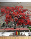 Big Red Tree on Foggy Day - Landscape Print on Natural Pine Wood