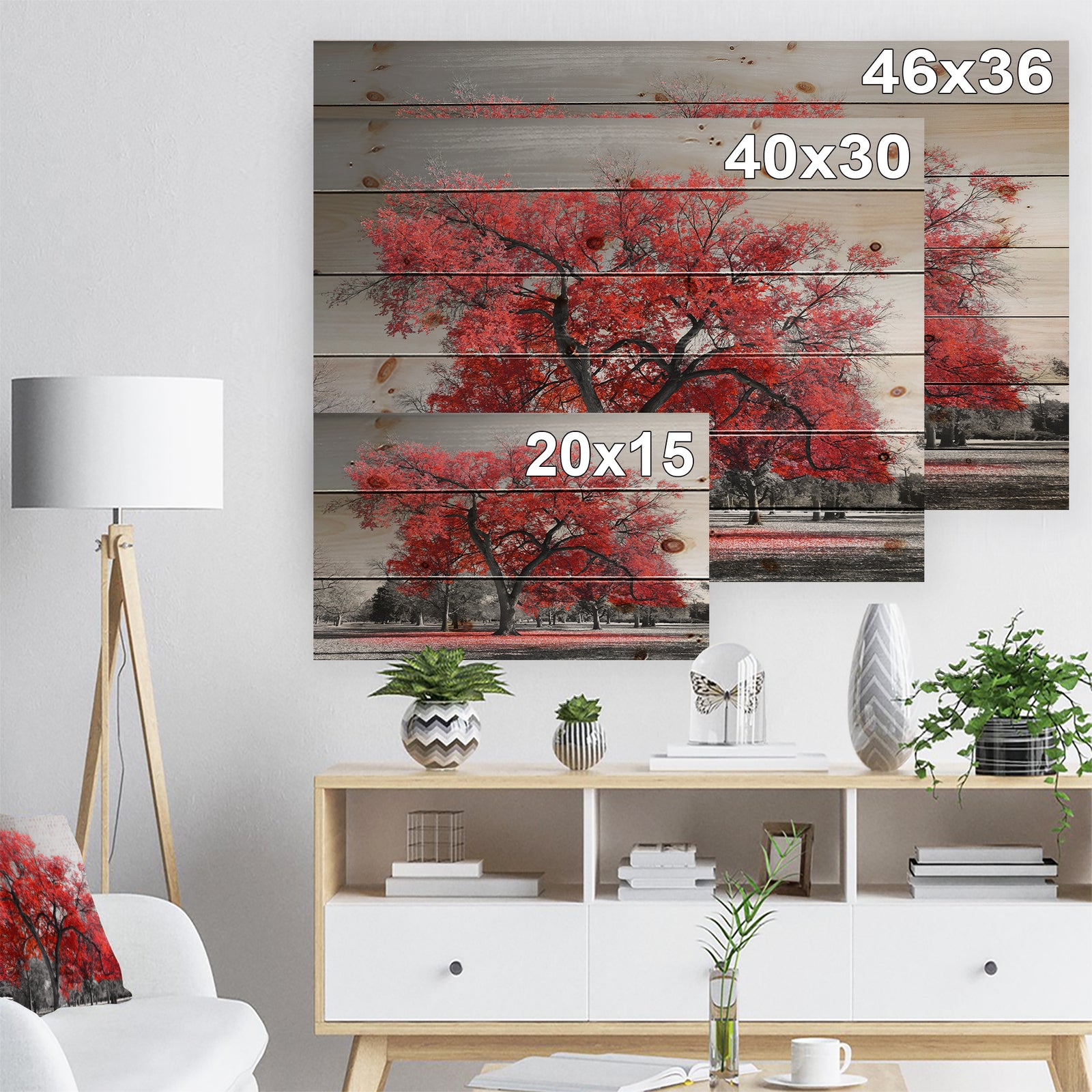Big Red Tree on Foggy Day - Landscape Print on Natural Pine Wood