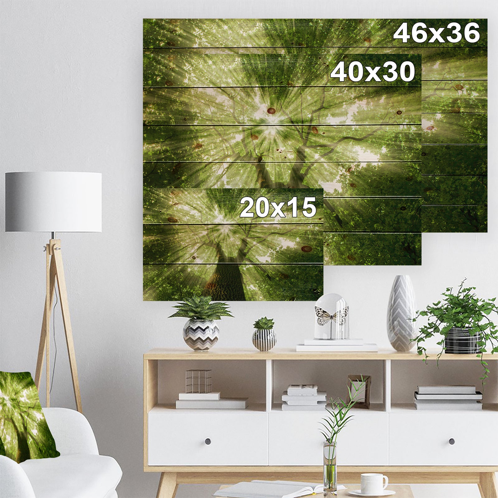 Sunlight Peeking through Green Tree - Landscape Print on Natural Pine Wood