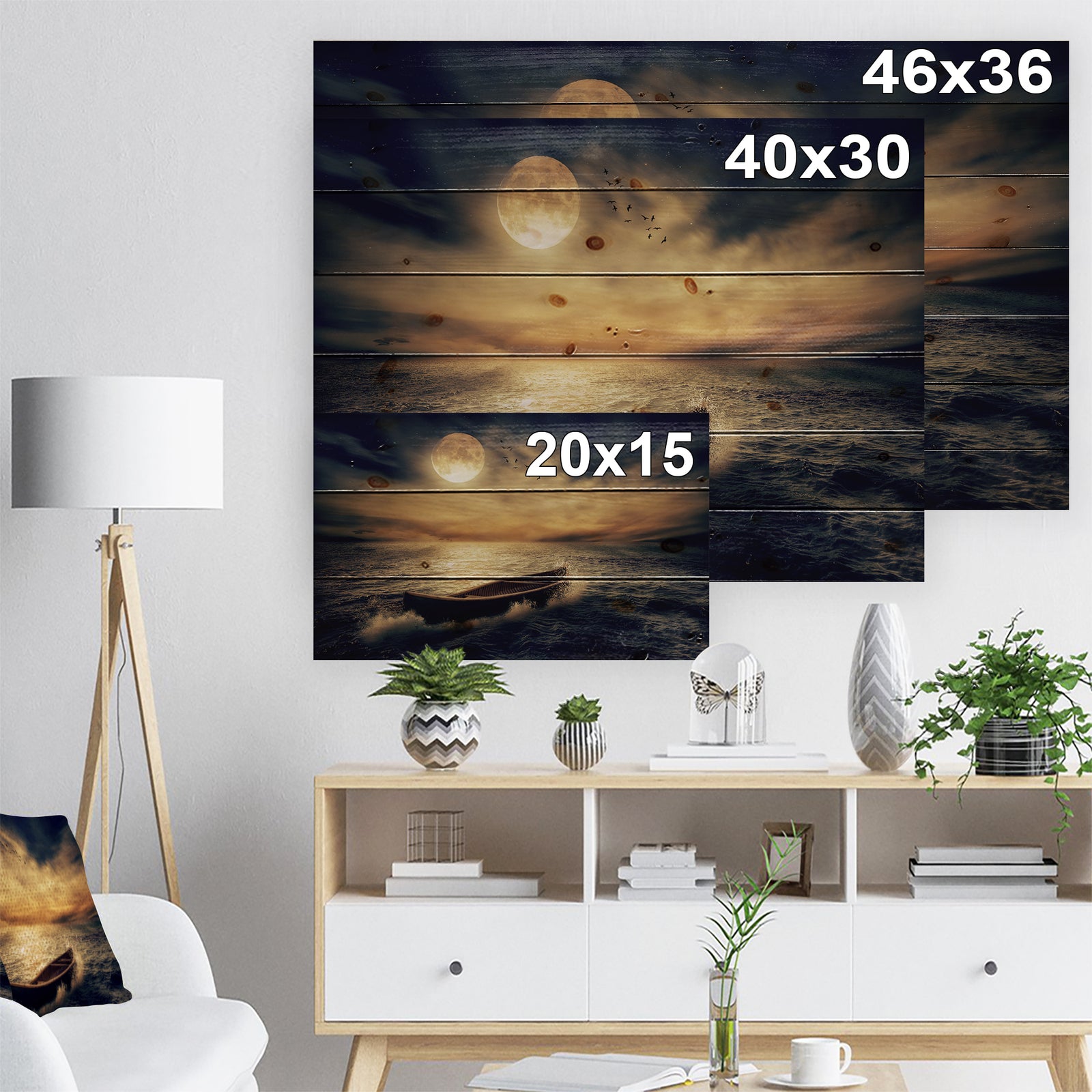 Middle of Ocean after Storm - Floral Print on Natural Pine Wood