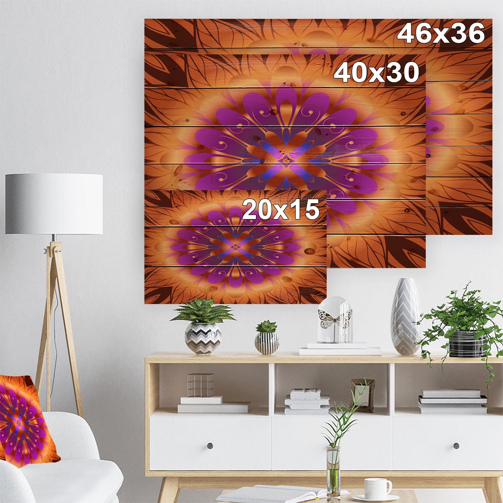 Floral Infinity Design in Orange - Floral Print on Natural Pine Wood