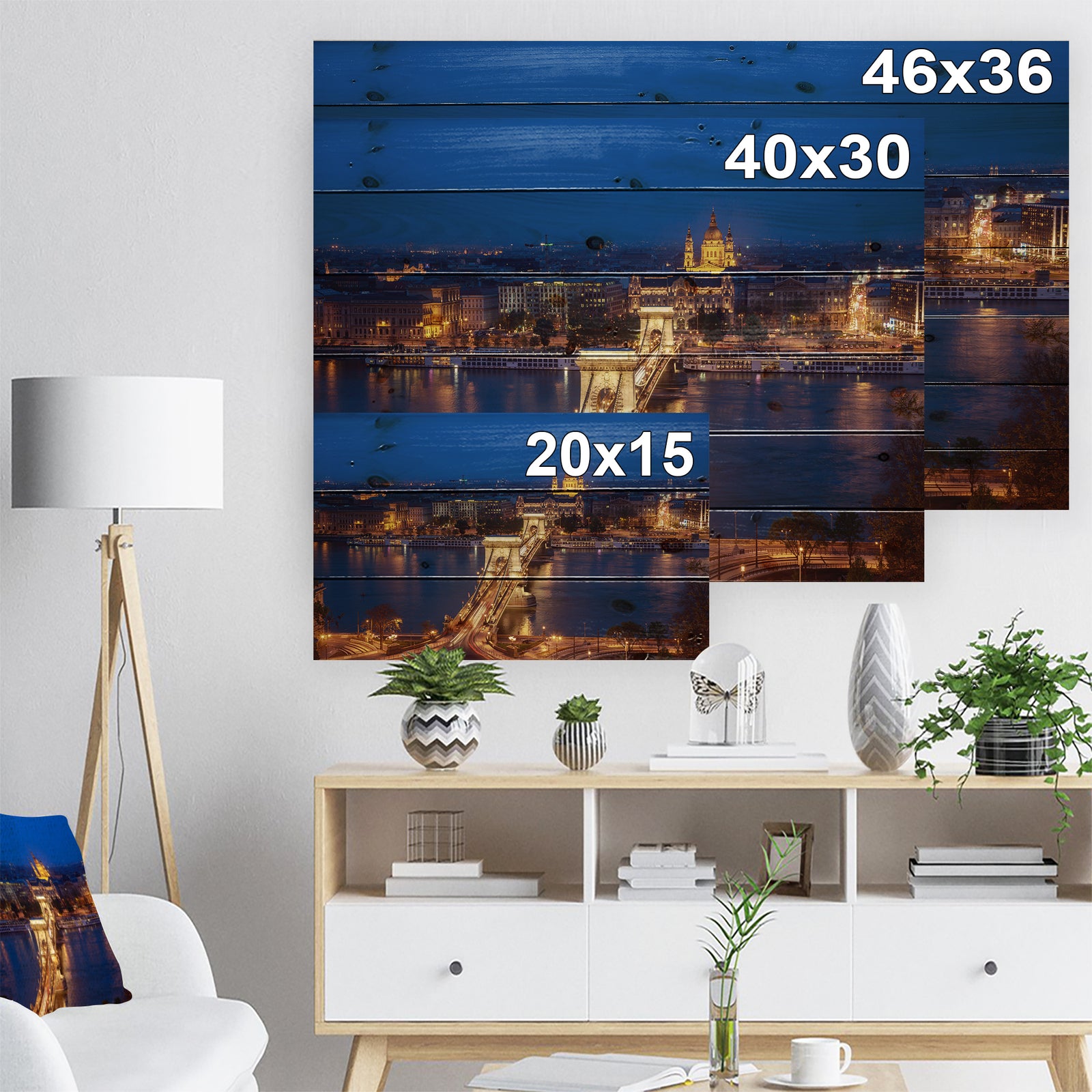 Illuminated Cain Bridge Budapest - Cityscape Print on Natural Pine Wood