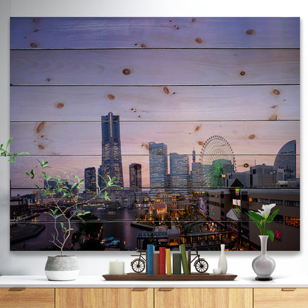 Minato Mirai Yokohama at Twilight - Cityscape Print on Natural Pine Wood
