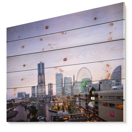 Minato Mirai Yokohama at Twilight - Cityscape Print on Natural Pine Wood