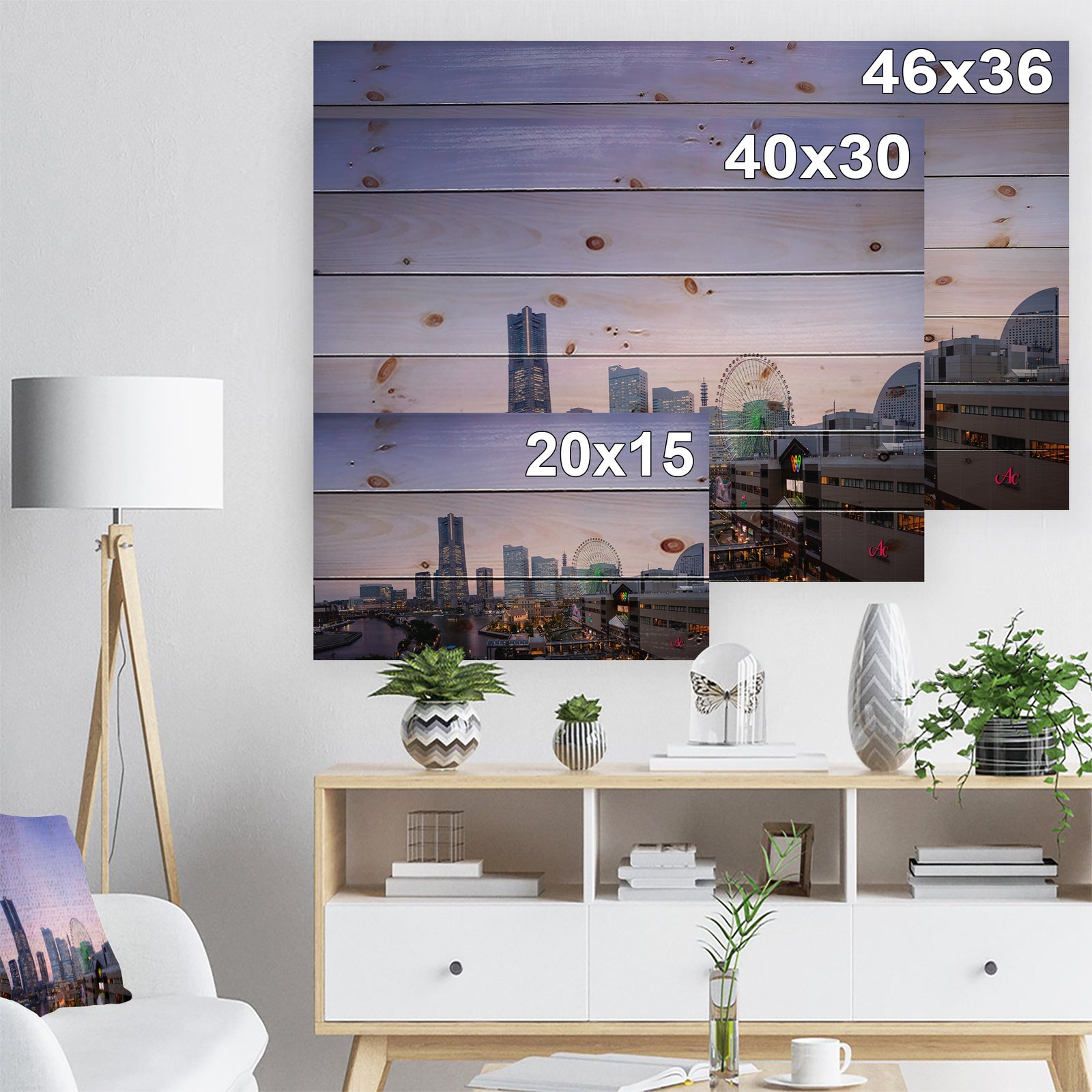 Minato Mirai Yokohama at Twilight - Cityscape Print on Natural Pine Wood