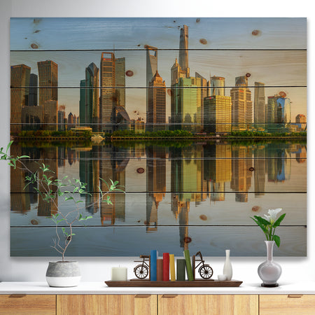 Shanghai Huangpu River at Sunset - Cityscape Print on Natural Pine Wood