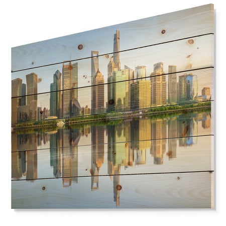 Shanghai Huangpu River at Sunset - Cityscape Print on Natural Pine Wood