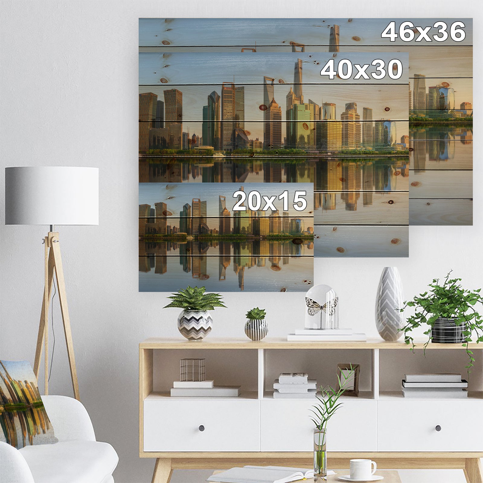 Shanghai Huangpu River at Sunset - Cityscape Print on Natural Pine Wood