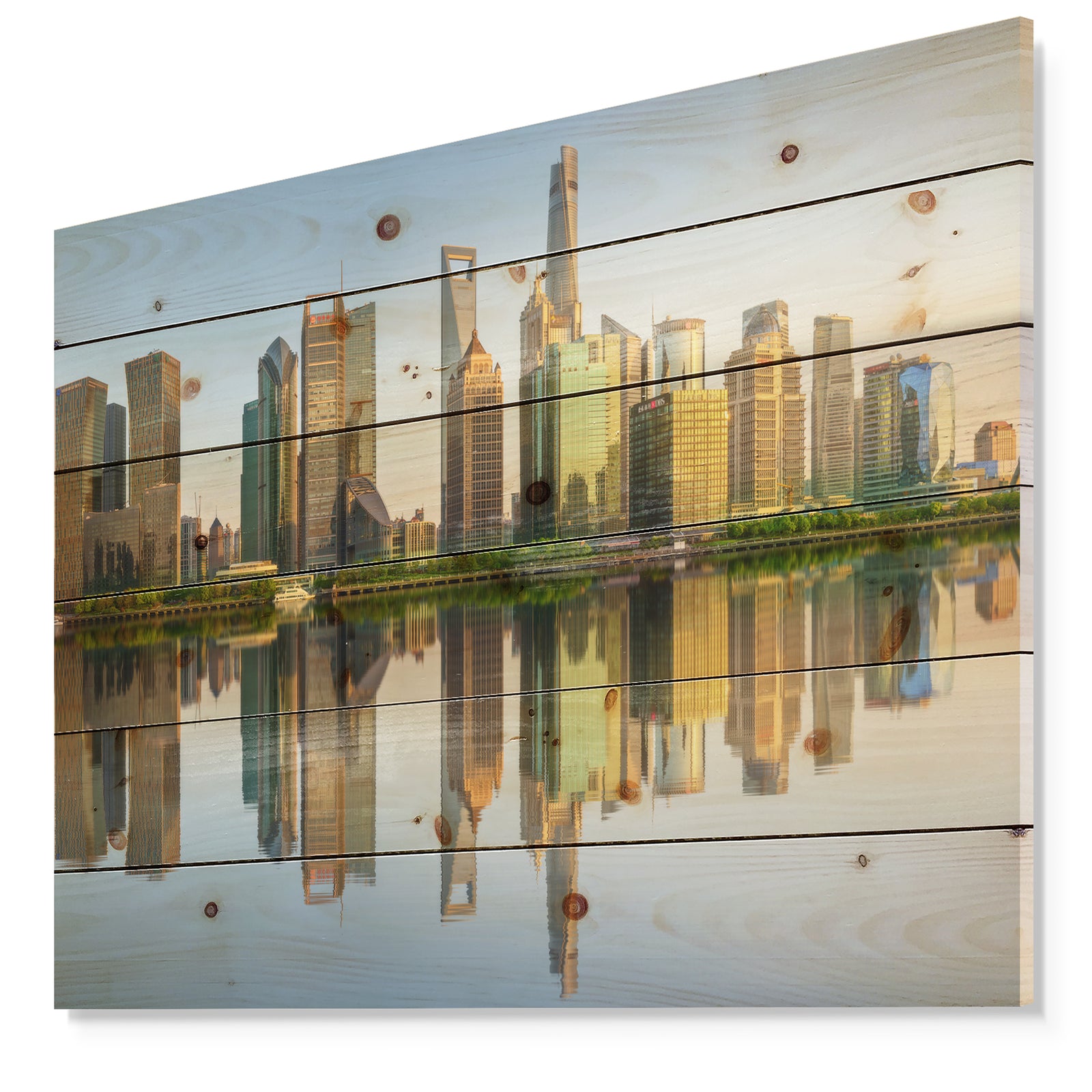 Shanghai Huangpu River at Sunset - Cityscape Print on Natural Pine Wood