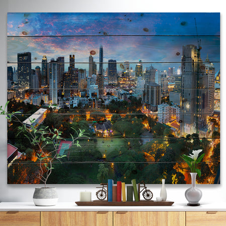 Bangkok City Skyline - Cityscape Print on Natural Pine Wood