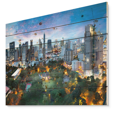 Bangkok City Skyline - Cityscape Print on Natural Pine Wood