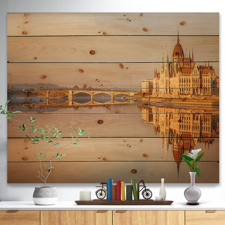 Hungarian Parliament Panorama - Cityscape Print on Natural Pine Wood