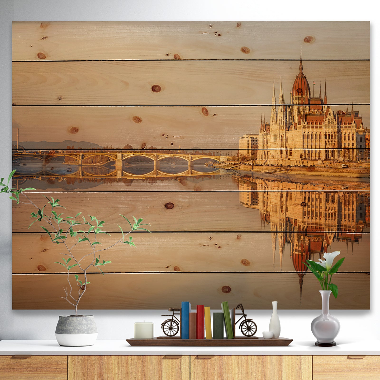 Hungarian Parliament Panorama - Cityscape Print on Natural Pine Wood