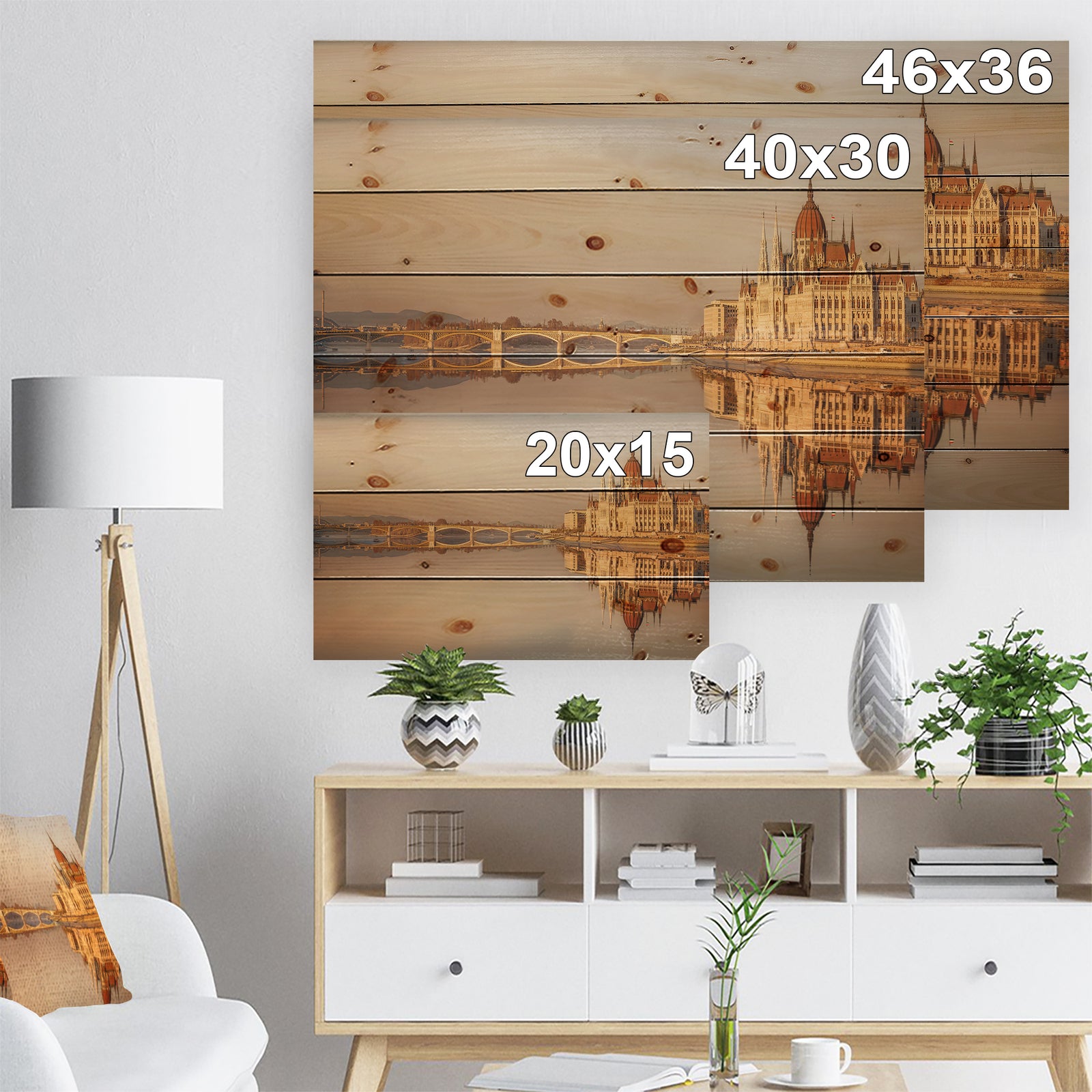 Hungarian Parliament Panorama - Cityscape Print on Natural Pine Wood