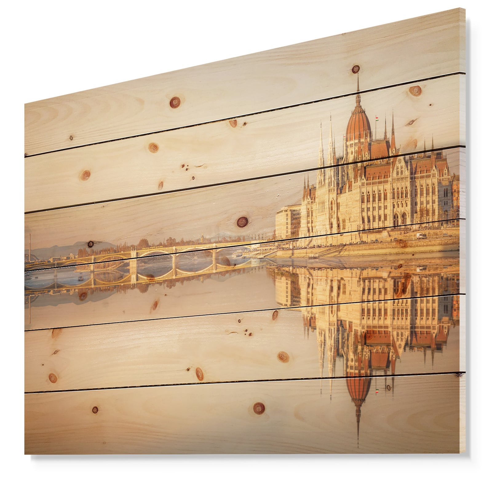 Hungarian Parliament Panorama - Cityscape Print on Natural Pine Wood
