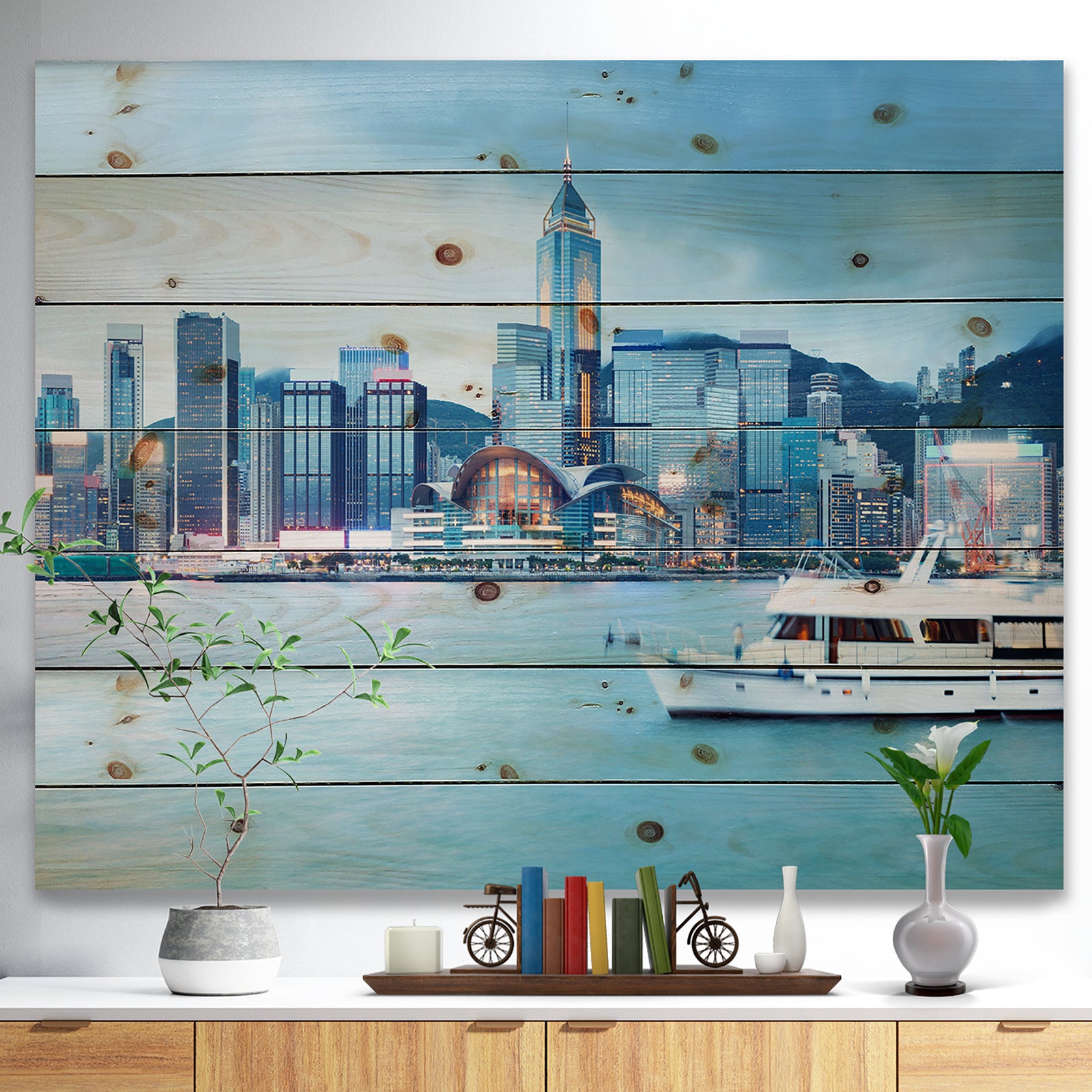 Hong Kong City at Night - Cityscape Print on Natural Pine Wood