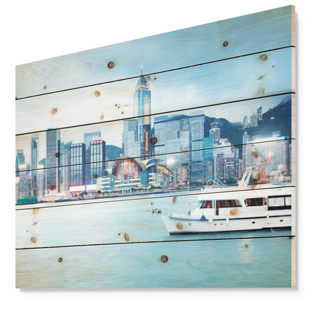 Hong Kong City at Night - Cityscape Print on Natural Pine Wood