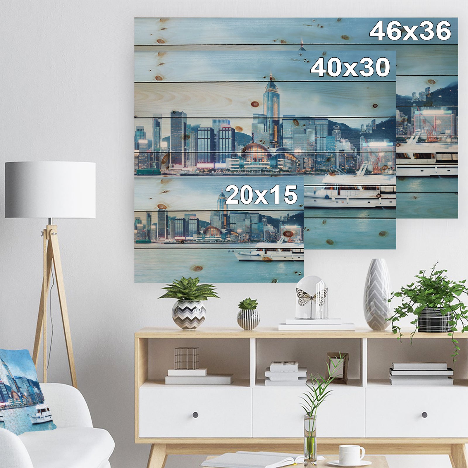 Hong Kong City at Night - Cityscape Print on Natural Pine Wood