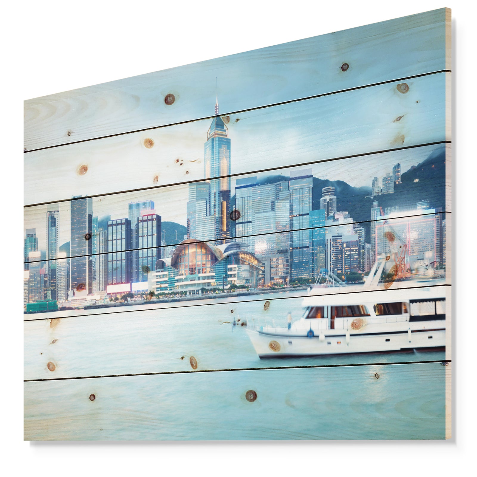 Hong Kong City at Night - Cityscape Print on Natural Pine Wood