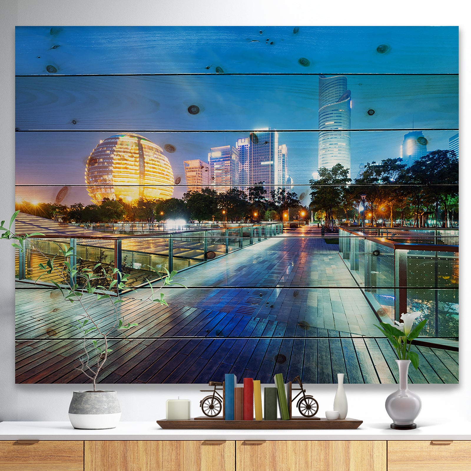 China Hangzhou Skyscrapers - Cityscape Print on Natural Pine Wood