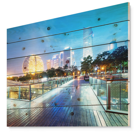 China Hangzhou Skyscrapers - Cityscape Print on Natural Pine Wood