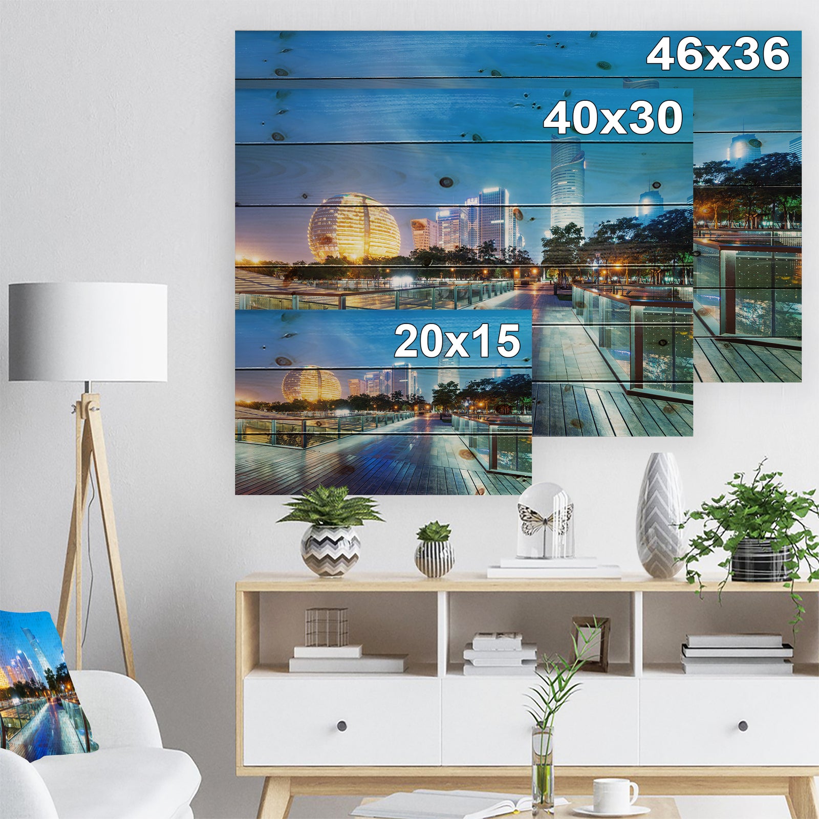 China Hangzhou Skyscrapers - Cityscape Print on Natural Pine Wood