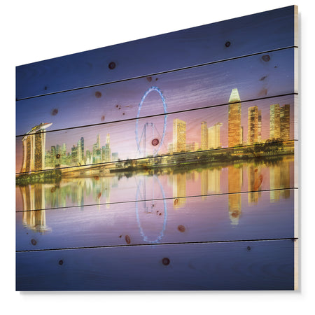 Singapore Skyline and Blue Sky - Cityscape Print on Natural Pine Wood