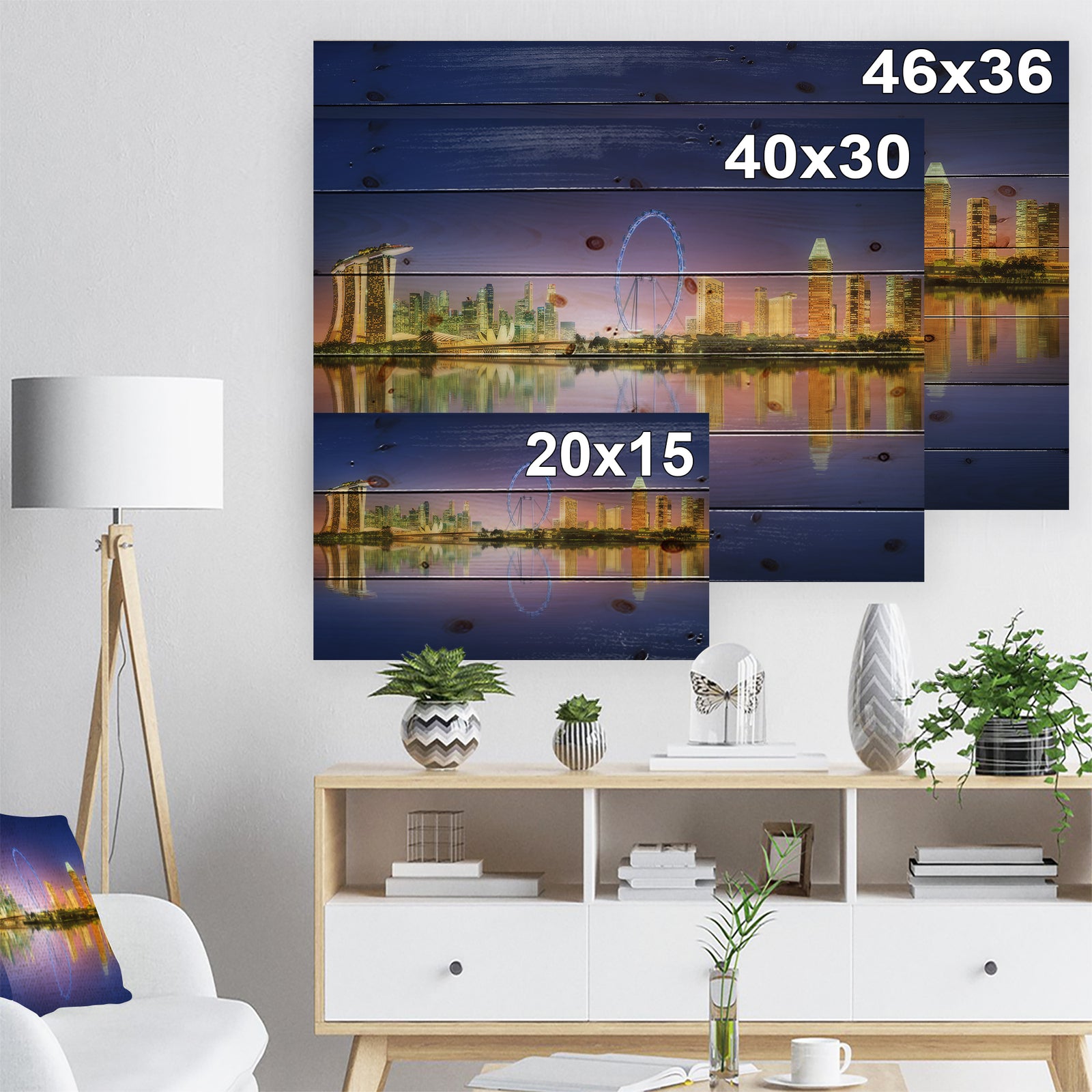 Singapore Skyline and Blue Sky - Cityscape Print on Natural Pine Wood
