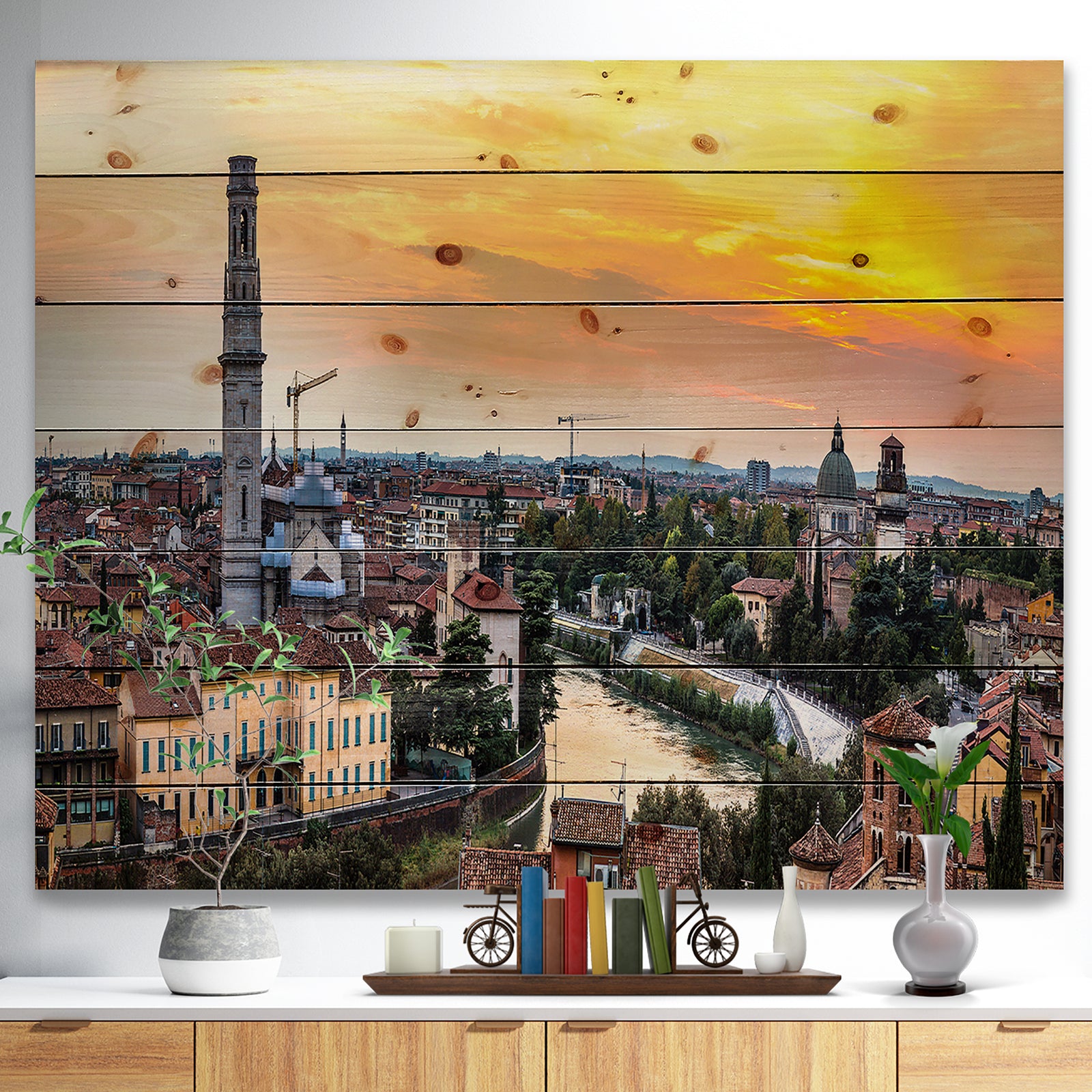 Verona at Sunset in Italy - Cityscape Print on Natural Pine Wood