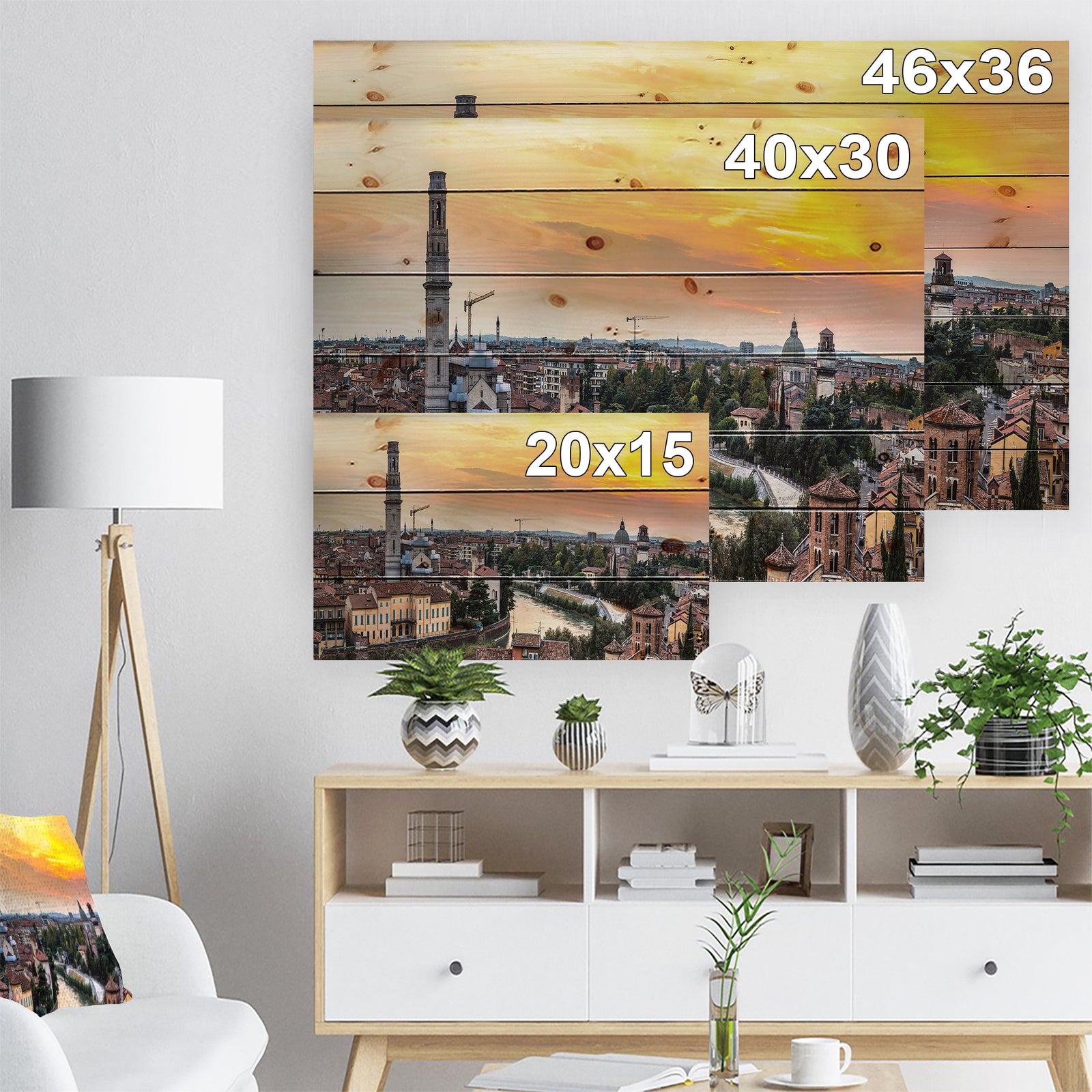 Verona at Sunset in Italy - Cityscape Print on Natural Pine Wood